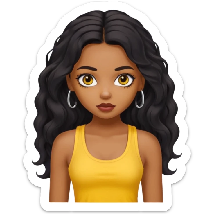 a pretty bratz dusky girl with long wavy black hair, kajal under eyes, yellow tank top sticker
