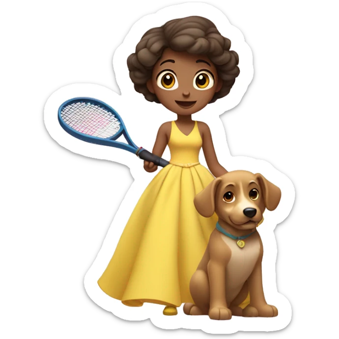 Disney princess in a yellow gown with a dog and a tennis racket sticker