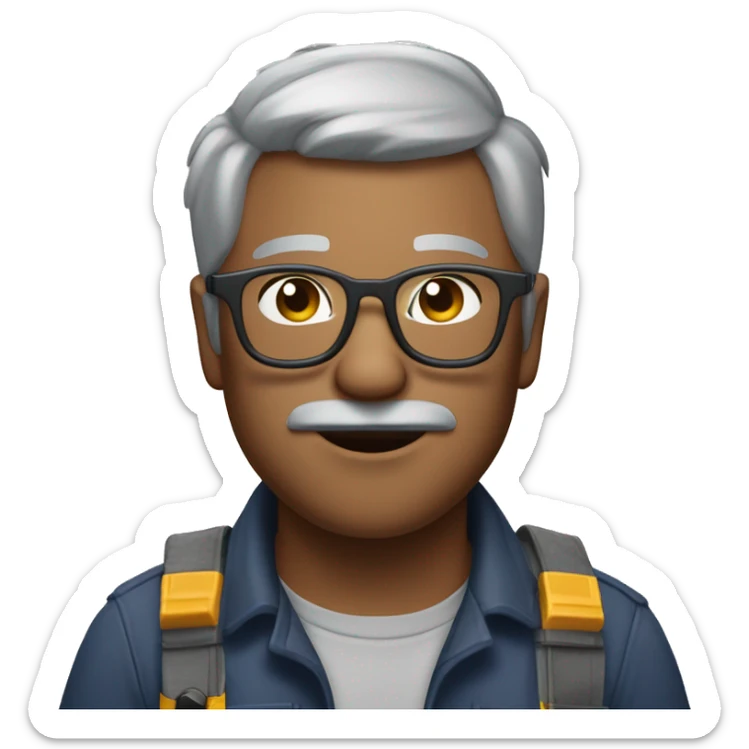 younger man bit darker skin grey hair with less hair and light bear and moustache and thinner glasses and dressed like an electrician with just multimeter sticker