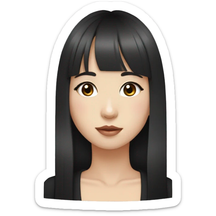 Korean girl, black hair, black eyes, long hair, hime cut, blunt bangs, small silver hoop earrings sticker