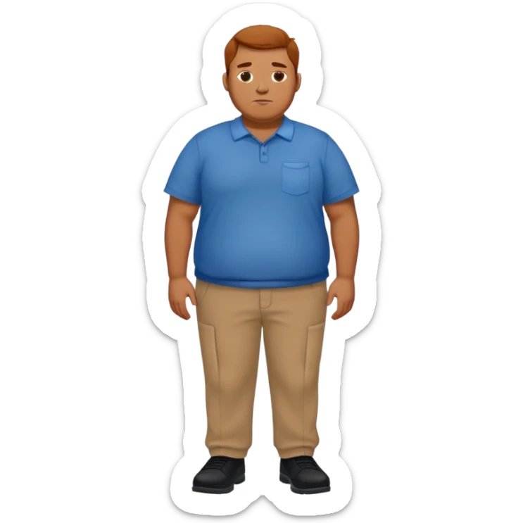 A man in a blue shirt, brown pants, and black shoes, overweight and with freckles. sticker