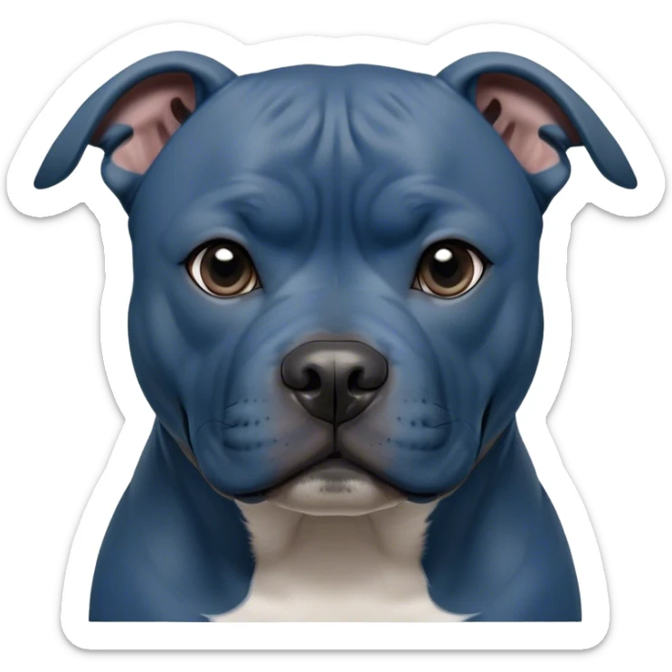 Cinematic Noble Blue Staffordshire Bull Terrier Portrait Emoji, Poised and regal, with a compact, muscular build and a sleek, well-groomed blue Fur, deep-set soulful dark eyes, Simplified yet sharp and sophisticated features, highly detailed, glowing with a soft, dignified glow, high shine, intelligent and loyal, stylized with an air of strength, focused and attentive, soft glowing outline, capturing the essence of a watchful and confident guardian, so majestic it feels as though it could stride out of the screen with effortless authority! sticker