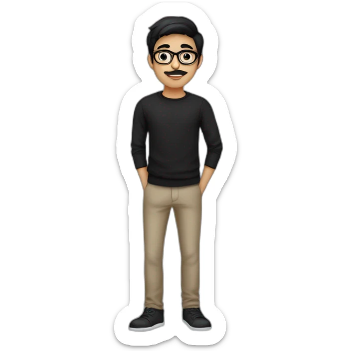 a light skin Pakistani teenager, wearing round glasses, short moustache, black straight hair, black jumper/sweater, structured manly face sticker