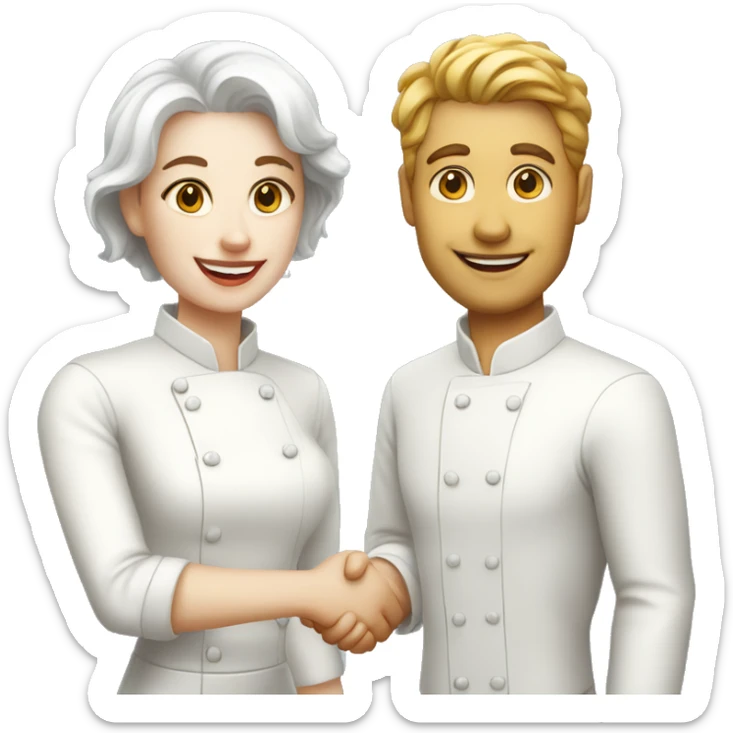 restaurant owner with white skin, and blogger with white skin, shaking hands in great detail sticker