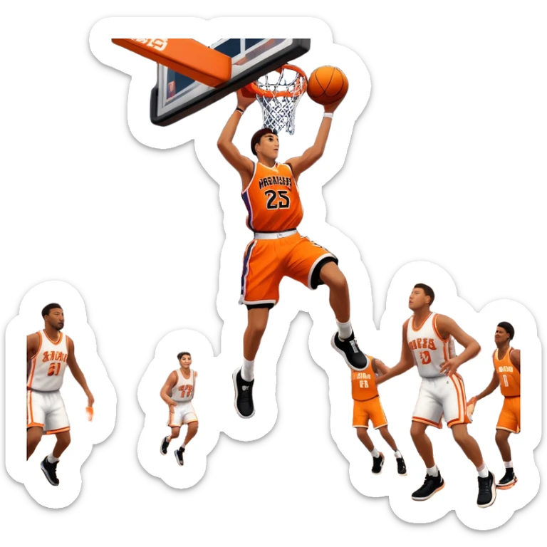 An icon showing a basketball court with players in action, inspired by NBA 2K25. A player jumps for a dunk, the ball mid-air, surrounded by a vibrant basketball arena with cheering fans and bright lights. Transparent background emphasizes the intense atmosphere sticker