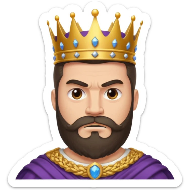 vull un perosnatge estil bimoji que sigui alt i fort amb una musculatura marcada i poderosa. Té una barba espessa i el cabell arriba fins a l'alçada del coll. Se'l representa amb la indumentària real i una corona al cap. Que tingui cara d'enfadat. sticker