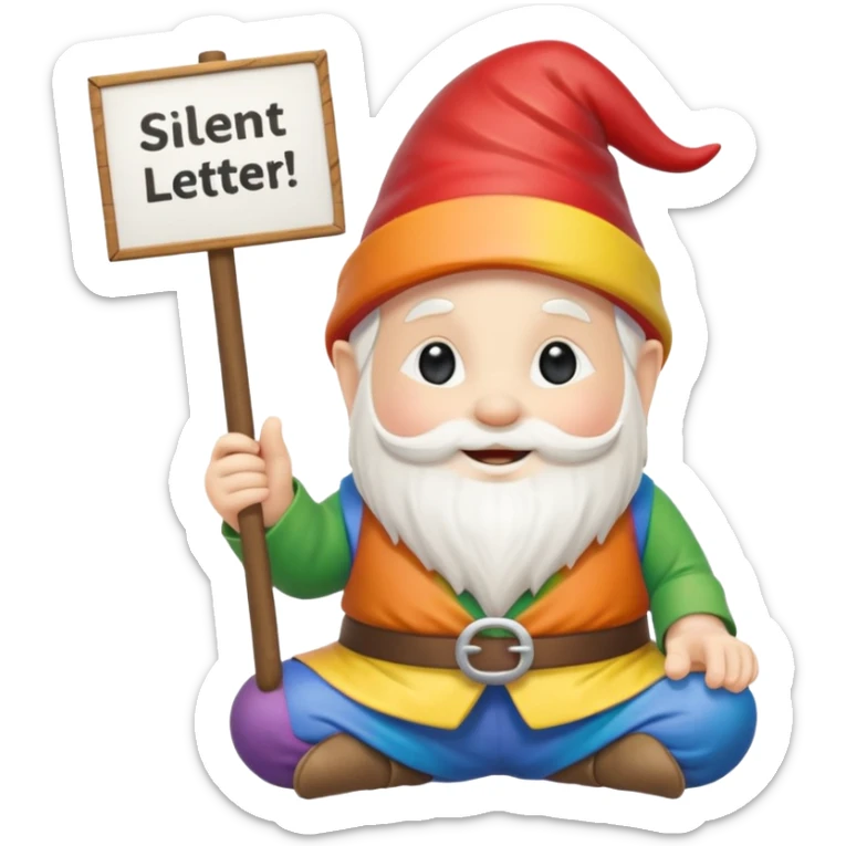 A zen rainbow garden gnome, holding a sign reading "Silent Letter Day, who's with me?” sticker
