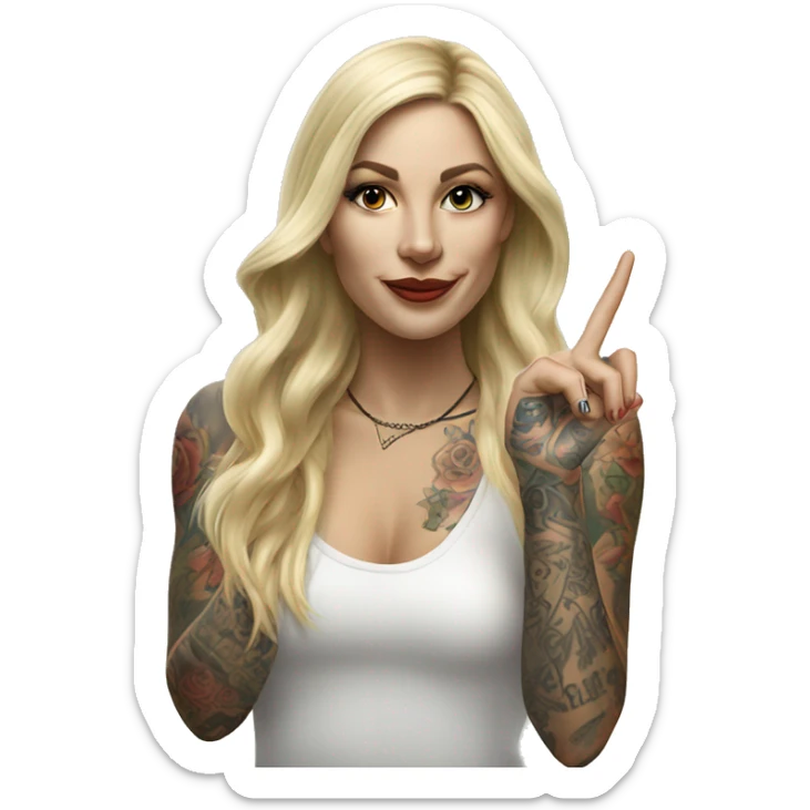 Blonde elegant women with LONG HAIR, her Body Covered with Tattoos, POINTING YOU FORWARD with her HAND with INDEX FINGER, Hyper Realistic sticker