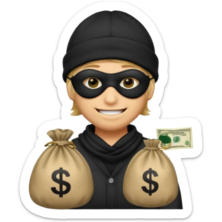 smiley robber wears black eye mask and black beanies with one money bag beside his right side sticker