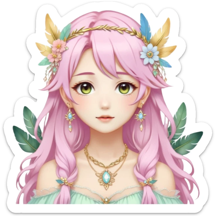 Beautiful gorgeous anime lady with beautiful pastel-special-hair, fashion aesthetic, ethereal, fairycore, pastelcore, feather, flower, crystals, accessories, gold jewelries, gold, colorful, gold laurel, gold halo, cottagecore,  sticker