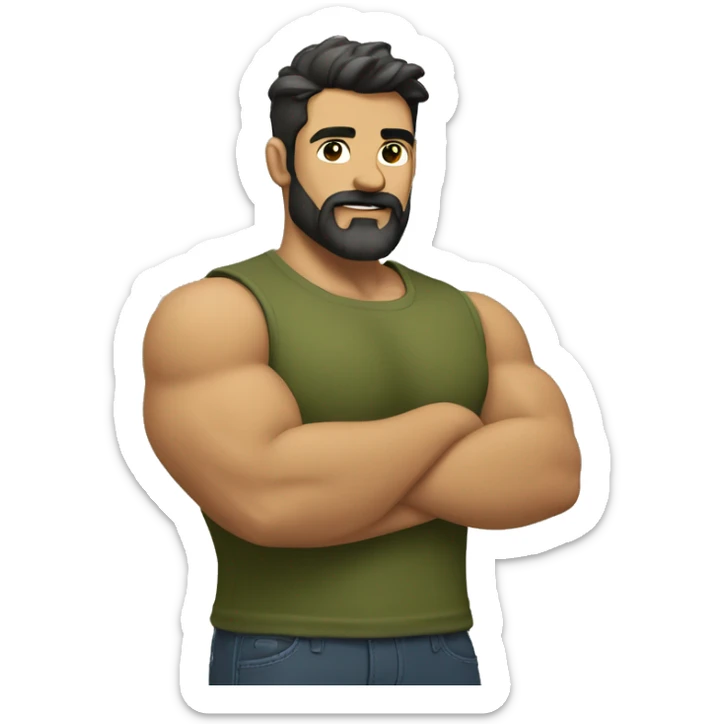 muscular man with dark hair. Little salt and pepper beard. Making a muscle with his left arm. In a olive green shirt sticker