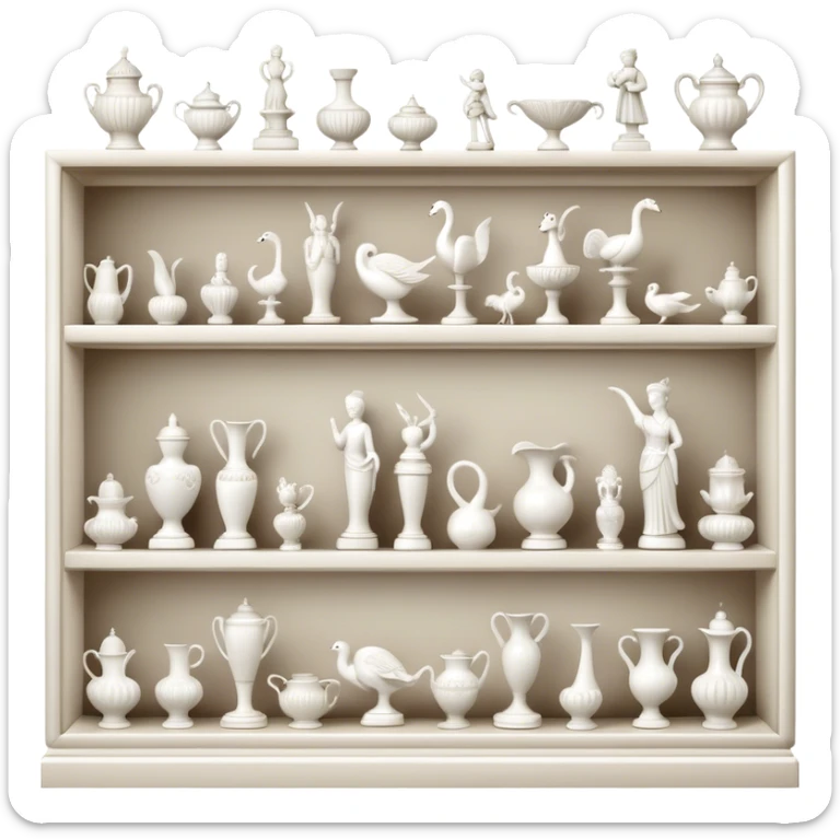 Icon for Porcelain Figurine Collecting: a collection of delicate porcelain figurines, such as animals, dancers, and historical characters, displayed on a shelf or in a display case. The icon should convey the elegance and artistry of collecting porcelain statues. Transparent background. sticker