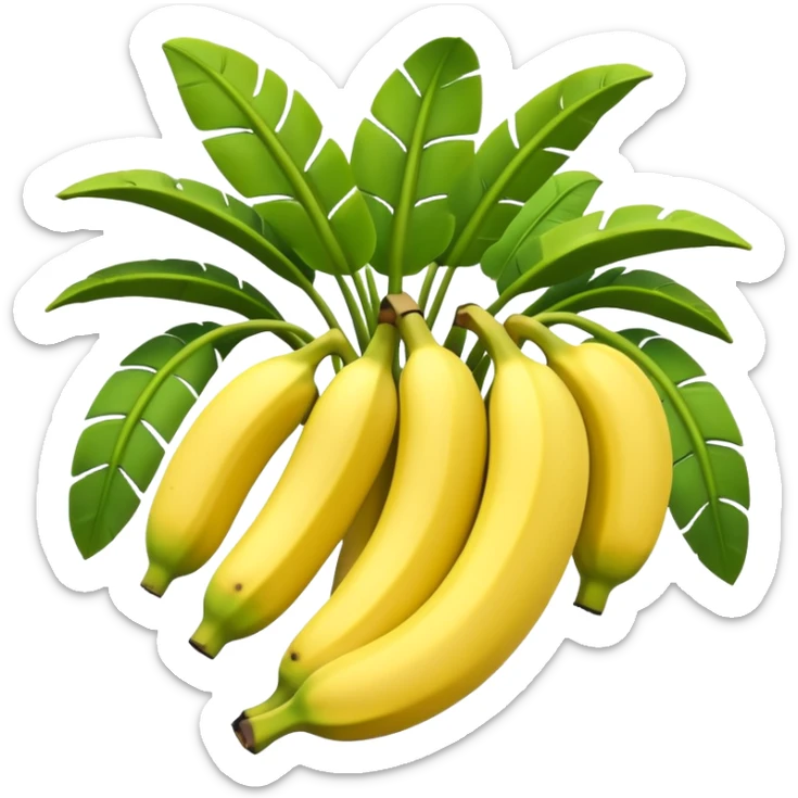 A 3D cartoon banana plant with large green leaves and a bunch of bananas growing downward, natural lighting, Memoji-style. sticker