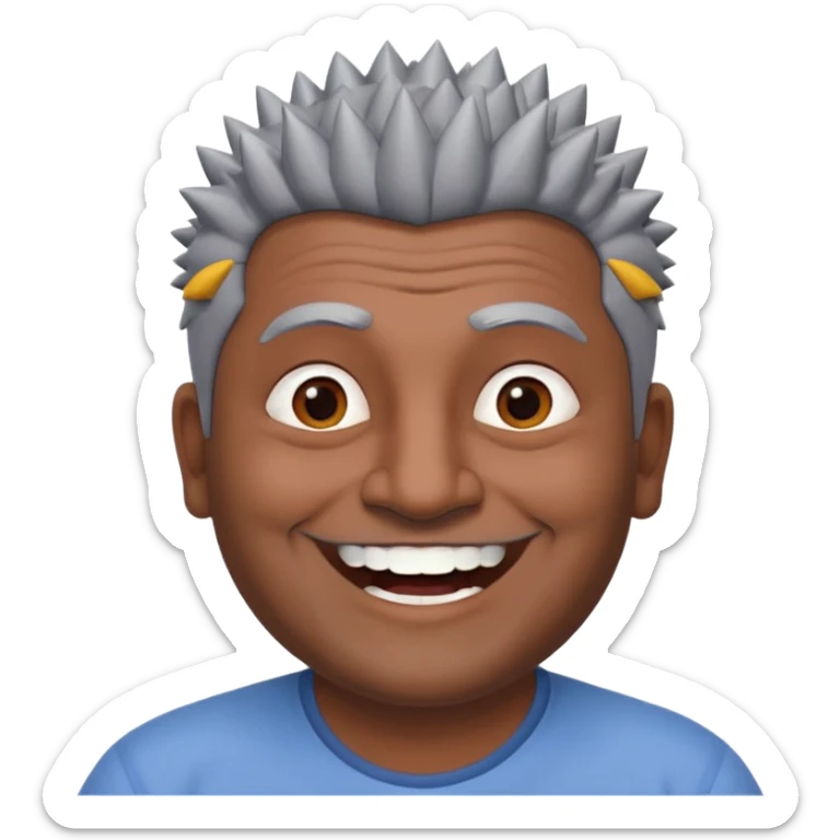 50 yr old indian man, dark skin, grey hair, big smile, white teeth, chubby, no moustache, clean shaven, spiky hair sticker