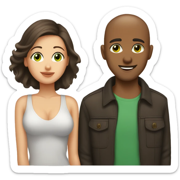 Buzz cut brown hair guy with green eyes kissing woman with dark brown hair and brown eyes sticker
