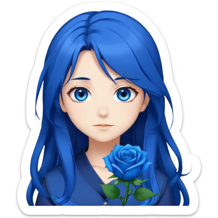 anime girl with long dark blue hair, blue rose in hair, bright blue eyes, cute anime face, anime emoji style sticker