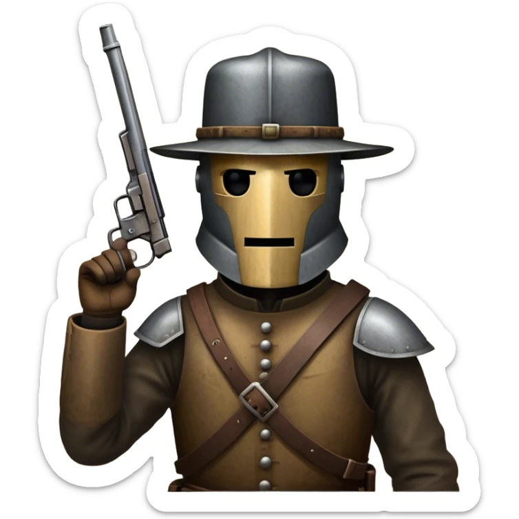 Cinematic Realistic Ned Kelly Portrait Emoji, depicted as the legendary Australian bushranger in his iconic homemade iron helmet and armor, gripping a revolver with a defiant stance. The scene is rendered with gritty textures and dramatic, shadowed lighting, evoking the lawless frontier and his rebellious, fearless legacy. sticker