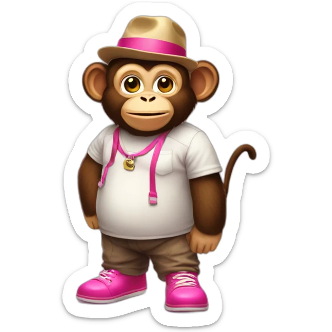 Monkey with hat glazzes a shirt and pants and pink shoes and a rubes cube in hes hand and is fat sticker