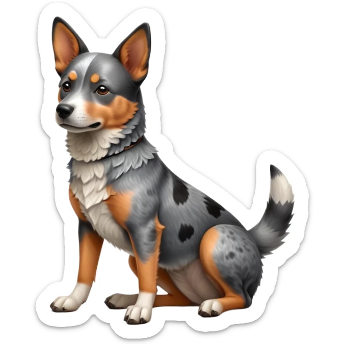 cinematic-[australian catle dog]-realistic-full-body-sitting-emoji,-tail-resting-loosely-beside-its-paws,-head-tilted-dramatically,-sleek-[australian cattle dog]-fur,-simplified-yet-realistic-focused-features,-highly-detailed,-glowing-with-an-almost-sarcastic-glow sticker