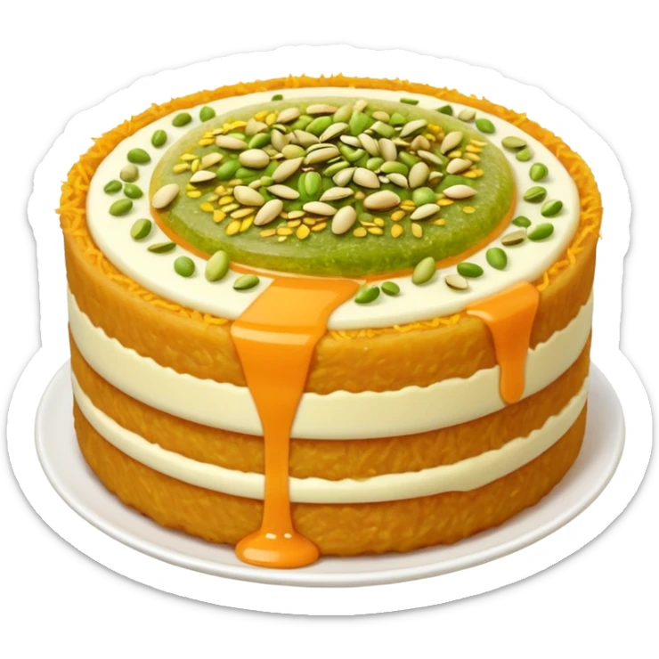 A small round emoji of traditional kanafeh with golden-orange crispy threads, a gooey white cheese center, and a light sprinkle of green pistachios. Warm and delicious-looking. sticker