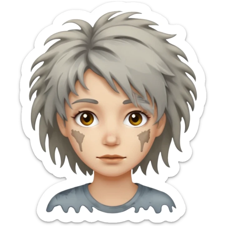 very dirty looking homeless woman very very dirty and smelly looking face only, not old with grey smudges everywhere and messy hair and lots of stains on face ugly,  sticker