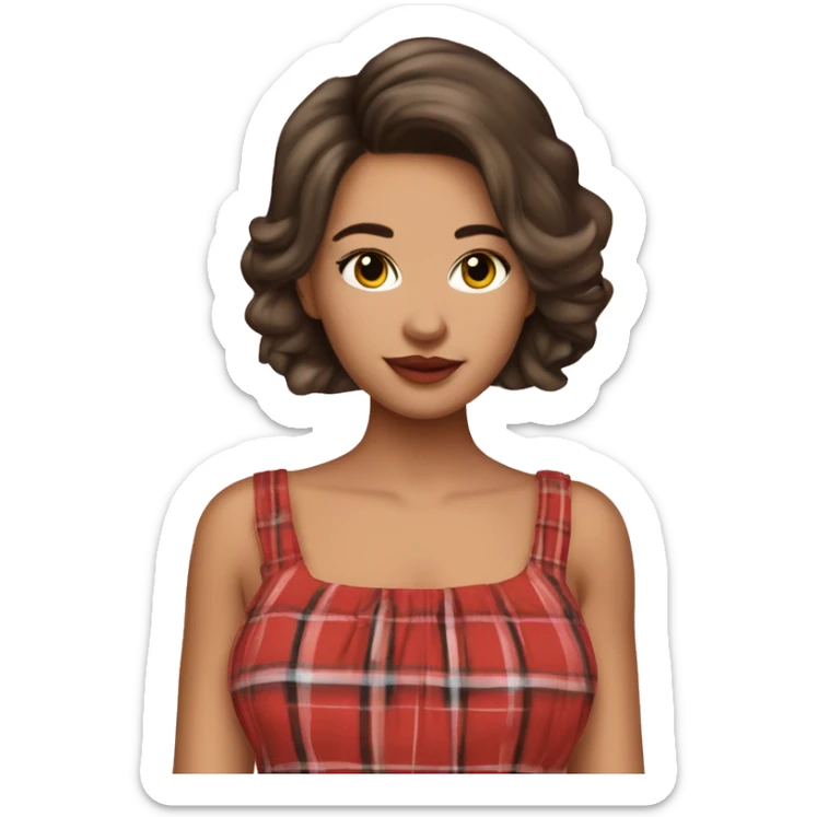 Pretty peach skin brunette woman with rosy cheeks in red plaid babydoll dress sticker