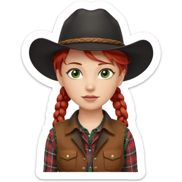 cowgirl with red hair in one braid over shoulder, green eyes, black hat  sticker