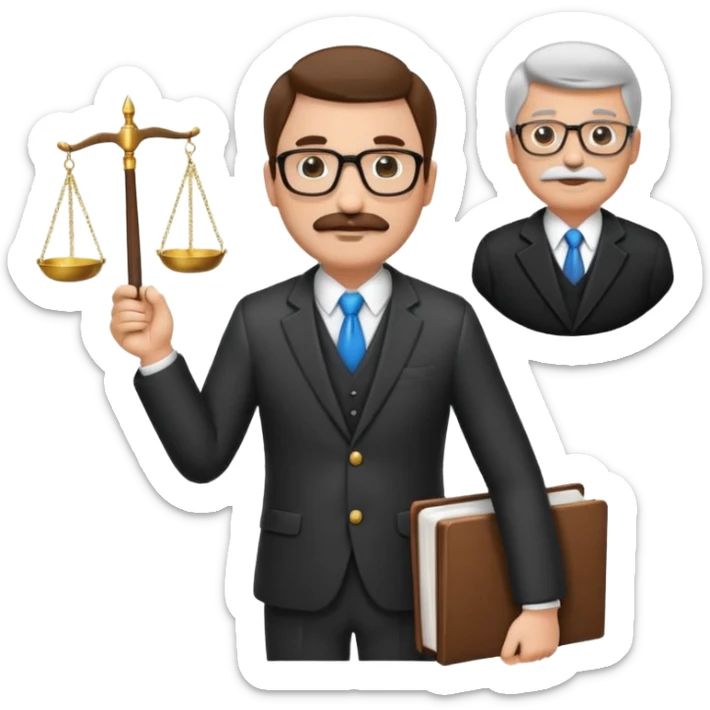 “Create a clean, modern emoji-style illustration of a male lawyer. He is wearing a formal suit jacket. He is holding a judge’s gavel in one hand and has a law book tucked under his arm. He has a mustache and a short beard, and he is wearing glasses. sticker