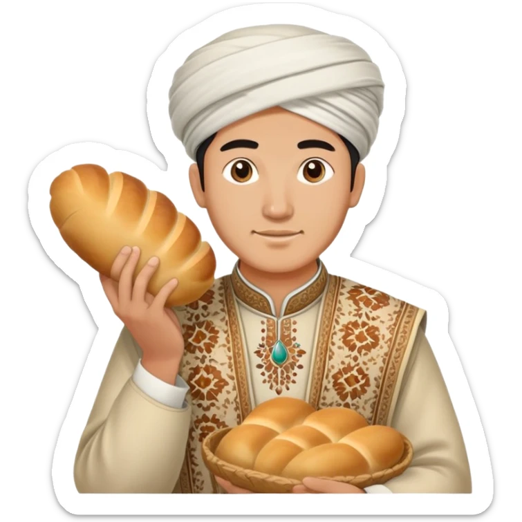 Uzbek man wearing traditional clothing and holding a national bread  sticker