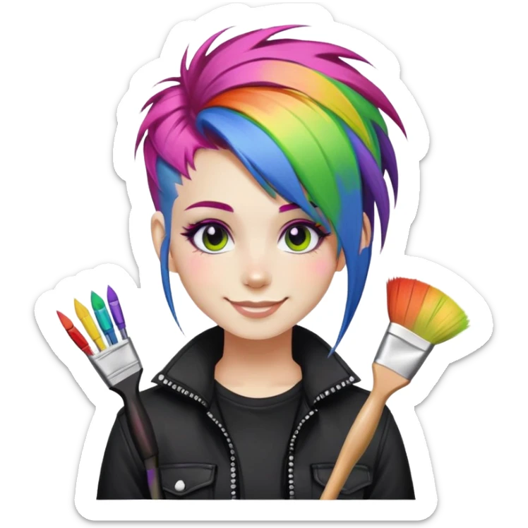 artist-girl with rainbow hair and brushes in black punk-clothing smiling sticker