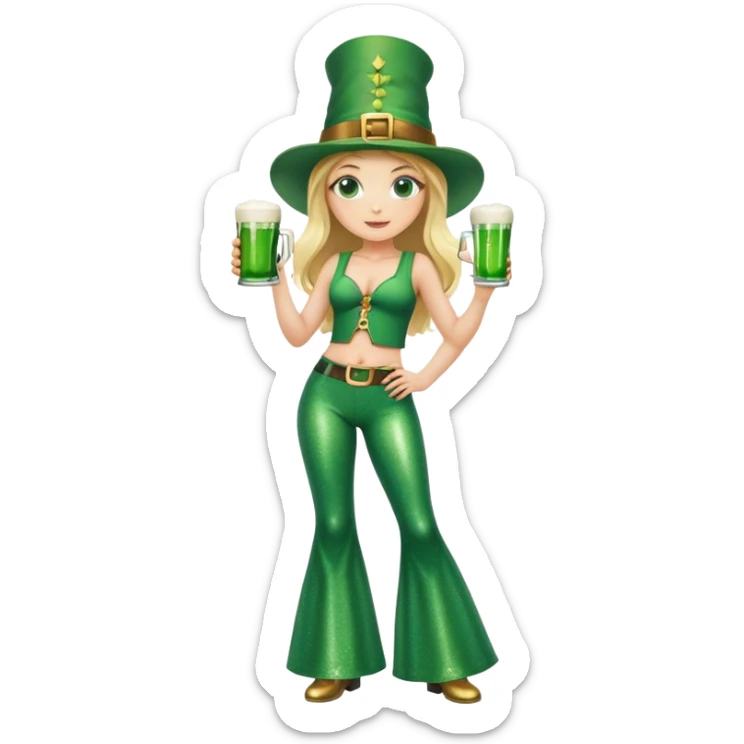Blonde haired girl in glittery green bell bottoms and tall leprechaun hat holding a green beer sticker