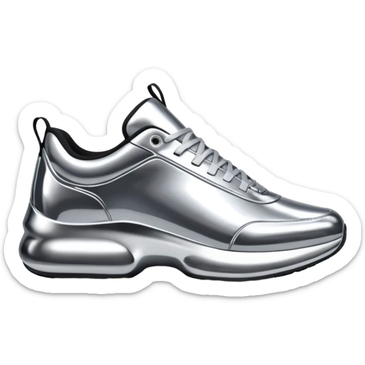 A pair of futuristic sneakers emoji made of silver chrome, sleek streetwear design, smooth metallic panels, subtle reflections, luxury swag aesthetic, iOS emoji style, centered, clean white background sticker