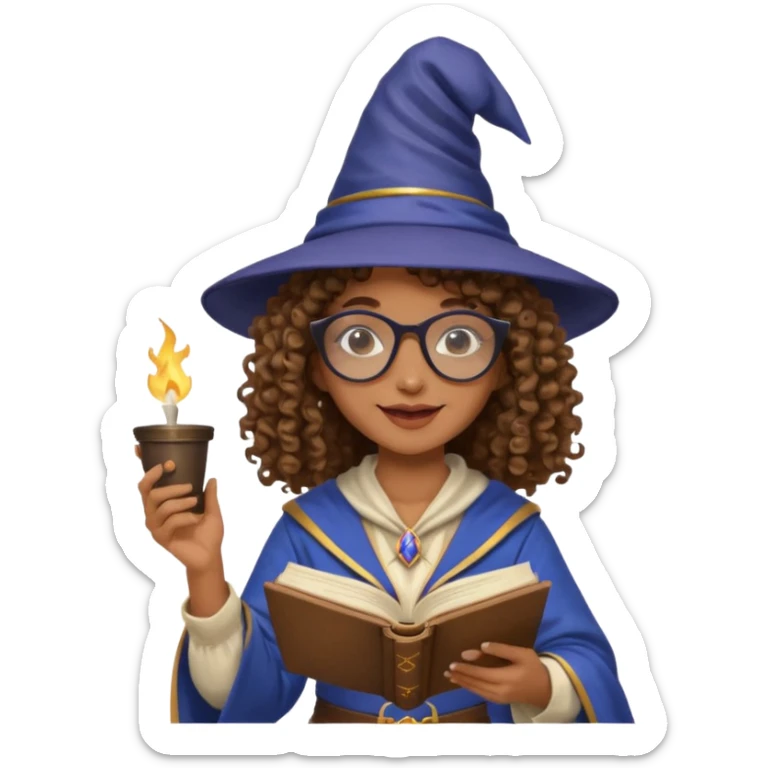 A Joyful Adult Female with Brown skin and Curly hair, wearing a Traditional outfit, a Wizard hat, Sunglasses, carrying a Spellbook, working as a farmer, while drinking Coffee and reading a Textbook. sticker