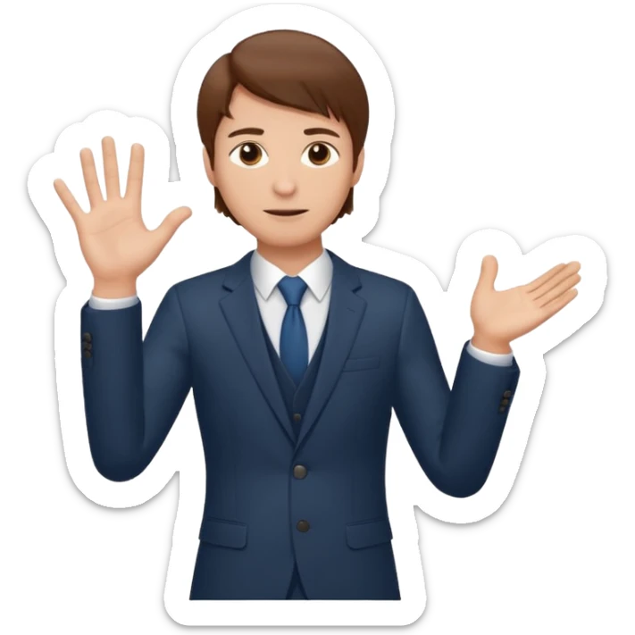 Mach mir einen Tyoen mit braunen haaren und im anzug der männlich ist der mit seiner linken hand zur seite zeigt sticker