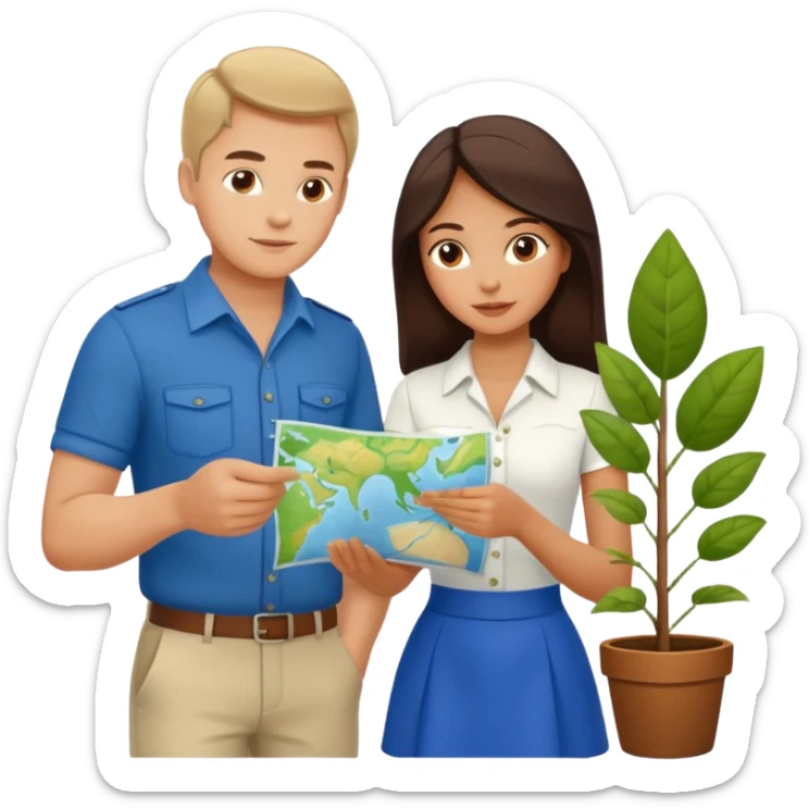 Russian man and elegant Latina girl in cute outfits with a map planning plants sticker