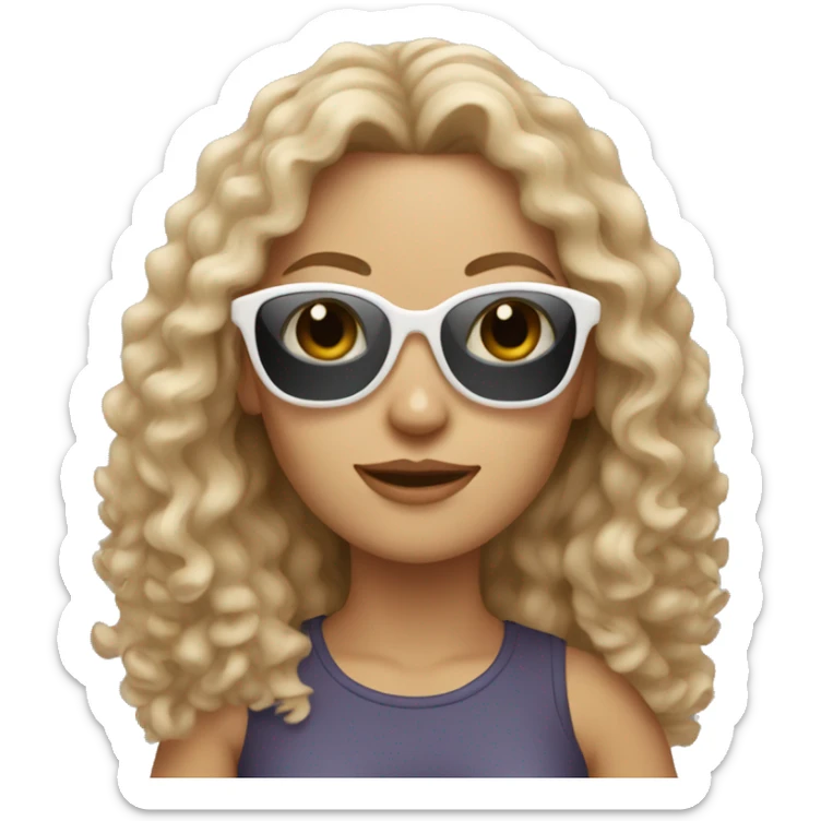 white woman with a slight tan, long curly hair and sunglasses holding a cat sticker