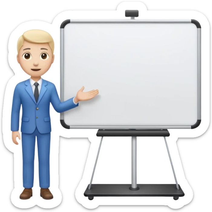 A clean emoji-style illustration of a person giving a presentation, standing next to a large presentation board on a stand, board empty and white, no podium, no desk, no table, friendly proportions, soft 3D emoji style sticker