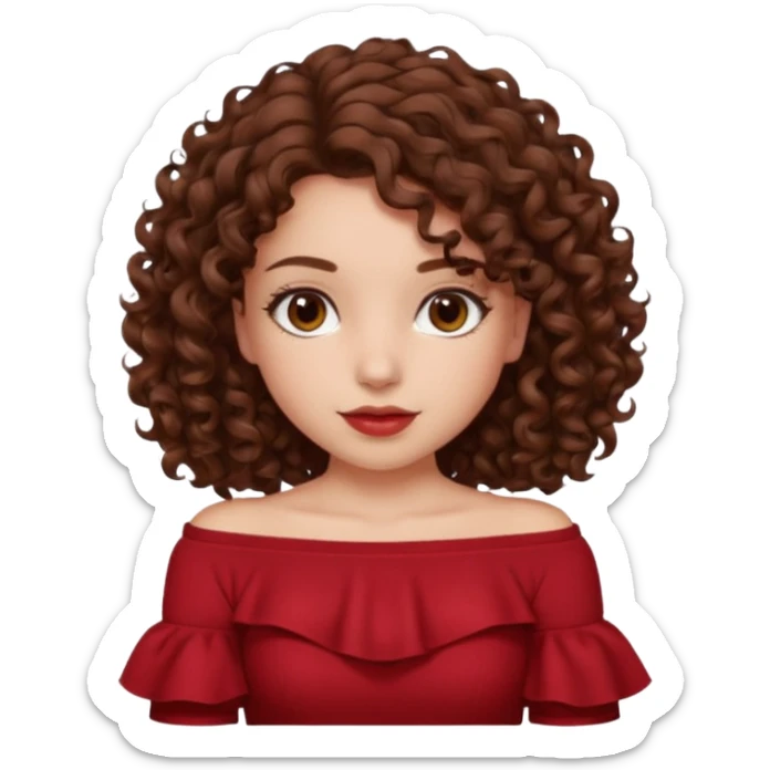 Brown hair curly hair shoulder length brown eyes white skin girl wearing a off shoulder dark red top sticker