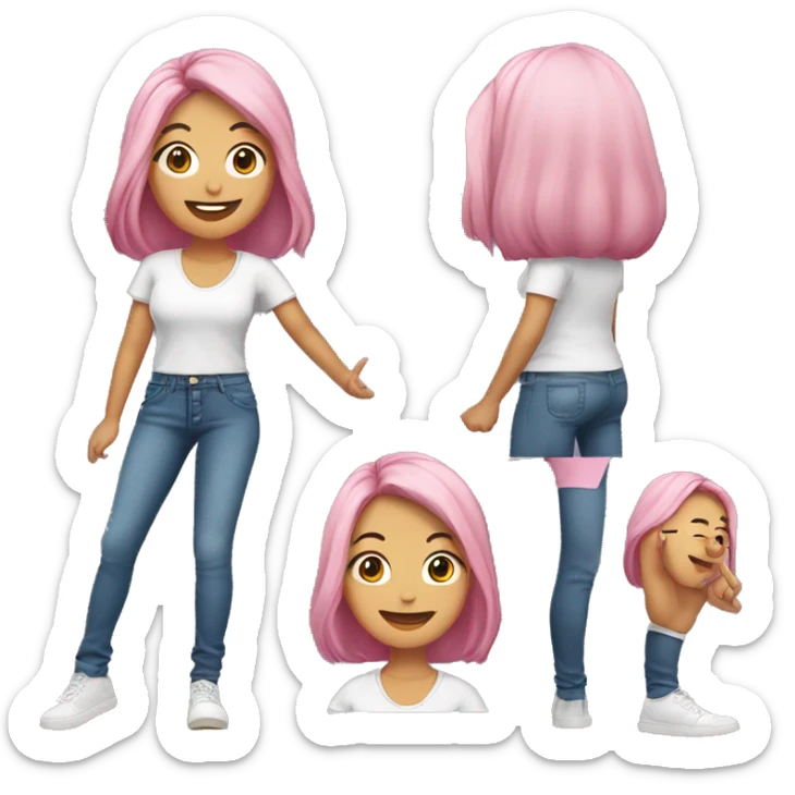 A young Asian woman with shoulder-length pink hair and dark roots, smiling with full lips. She is wearing a t-shirt and jeans, making a peace sign with her fingers sticker