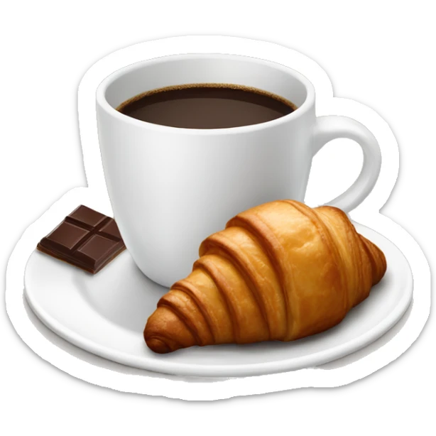 White cup of coffee with a chocolate croissant on a plate sticker
