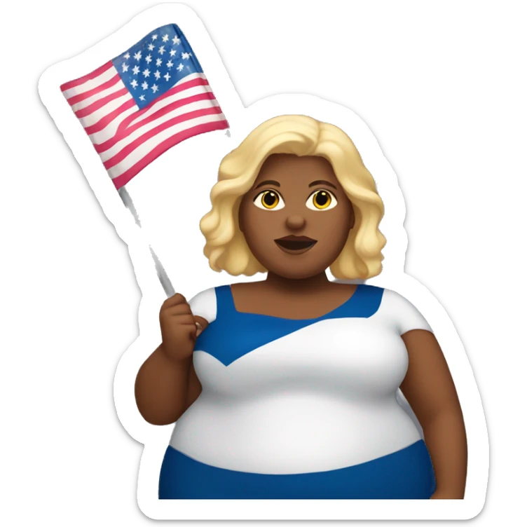 very fat lady with blonde hair and holding an american flag sticker