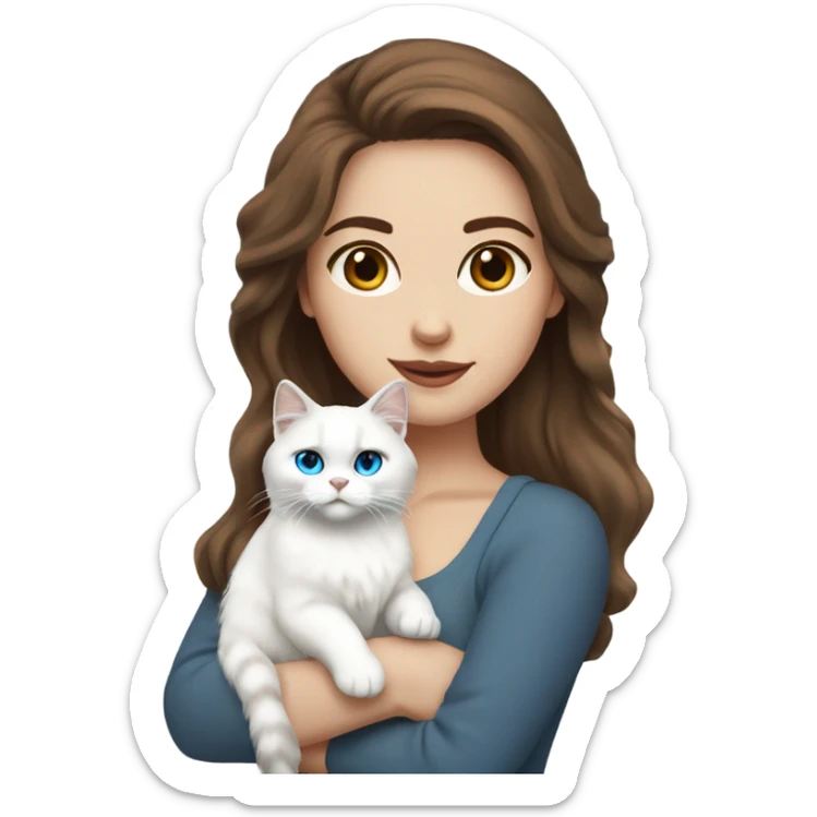 woman with brown hair and holding a all white Siberian cat with blue eyes sticker
