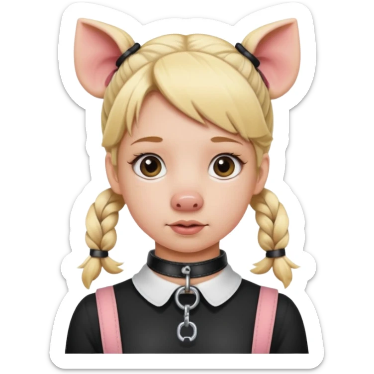 Blonde girl, wearing choker, pig tails, collar with leash sticker