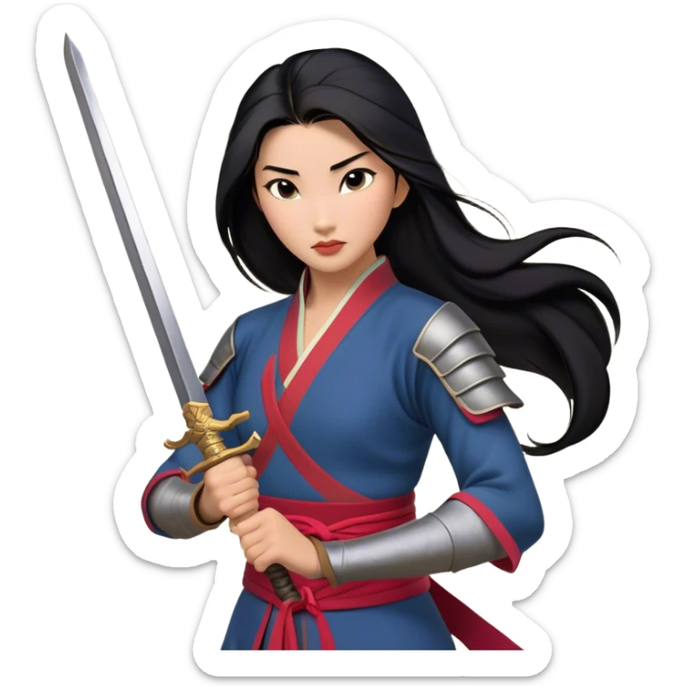 Cinematic Realistic Mulan Portrait, depicted with lifelike skin texture, soft natural lighting, and intricately detailed long black hair styled elegantly. Her deep, expressive eyes exude determination and grace, complemented by a serene yet confident expression. She stands with one hand resting on the hilt of her sword, the other by her side, exuding strength and poise. She is dressed in her classic attire, with rich fabric textures and delicate folds that catch the light beautifully. The portrait features a soft, enchanting glow with a natural, radiant finish, capturing the essence of timeless strength and beauty in a realistic and painterly style, evoking a sense of depth and authenticity. sticker