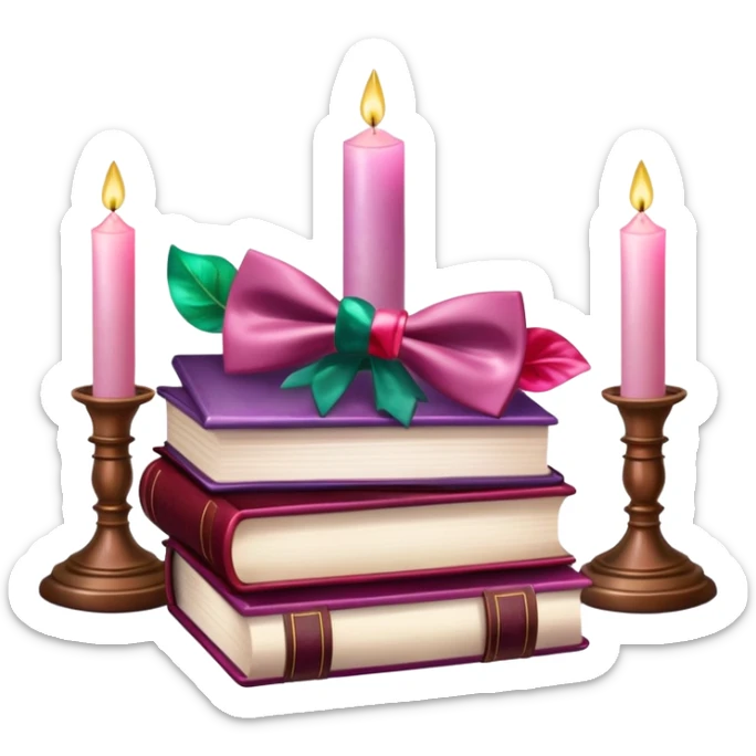 Aesthetic candles, flower petals, bow tie, books, marble stand, gemstones sticker