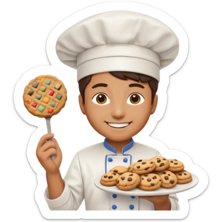 cookie factory worker emoji, wearing a chef hat, holding a tray of cookies sticker