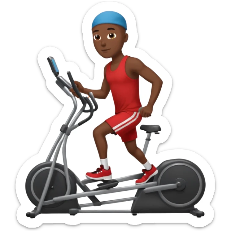 dark skin bald African American man on elliptical machine with red tank shirt and black shorts sticker