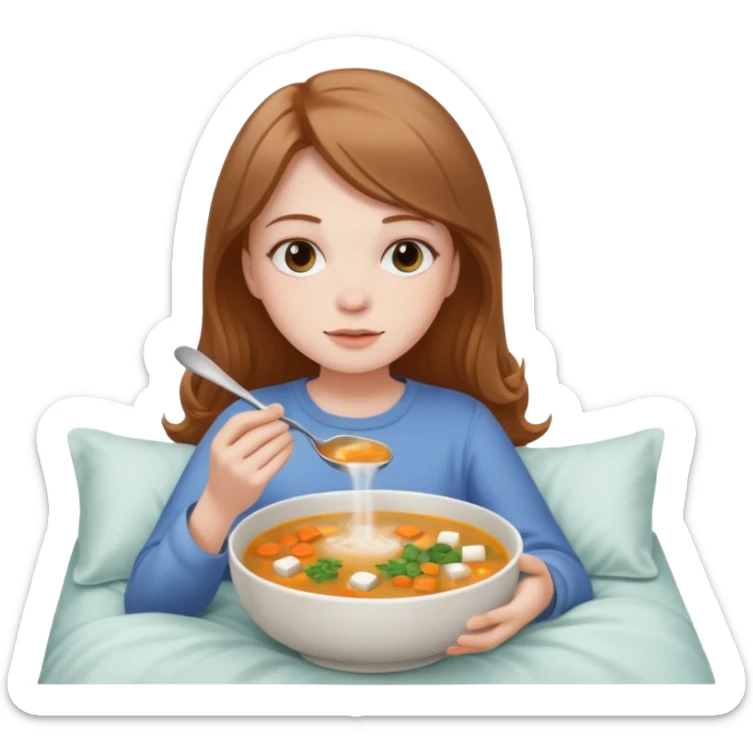 tazita de sopa, pastillas al lado y una chica en una cama sticker