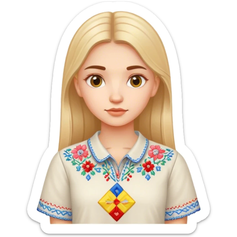 A Ukrainian girl in an embroidered shirt holds a diagram sticker