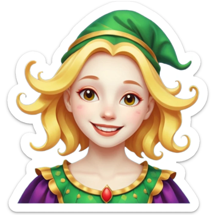 genra imagen de una chica eterea( casi irreal )con cara de sol, sonriendote, bufon, flotando en el espacio sticker